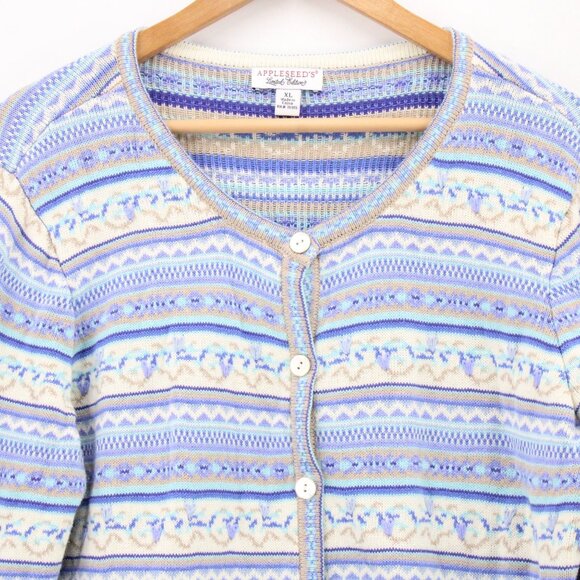 Appleseed's Limited Edition Cardigan Womens Blue Fair Isle Pointelle Light XL - Picture 5 of 9